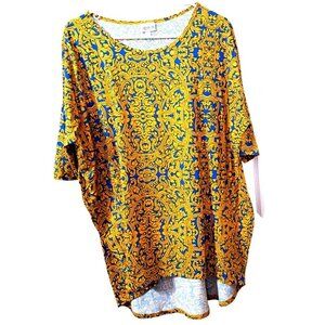 Lularoe Women's L Multicolor Gold/Royal Blue Irma Short Sleeve Hi-Lo Hem